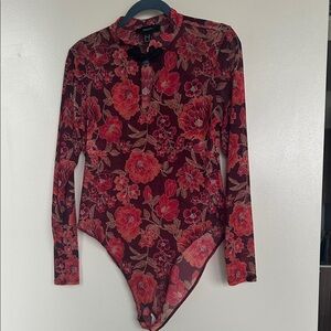 FOREVER 21 Red Floral Long Sleeve Bodysuit